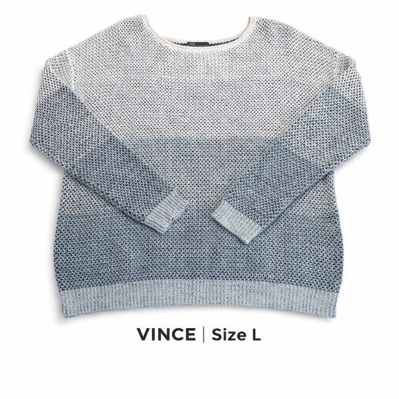 Vince Sweaters - Vince Open Knit Colorblock Cotton Sweater Size L Blue Ivory